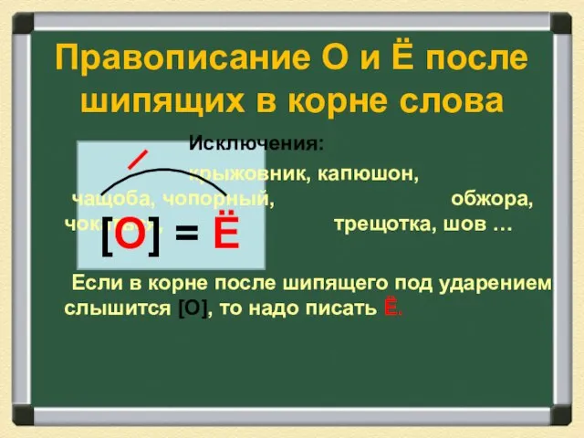 Правописание О и Ё после шипящих в корне слова Исключения: крыжовник, капюшон,