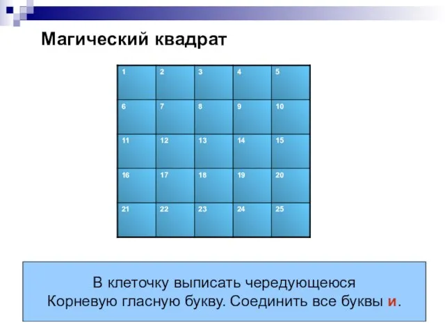 Магический квадрат В клеточку выписать чередующеюся Корневую гласную букву. Соединить все буквы и.