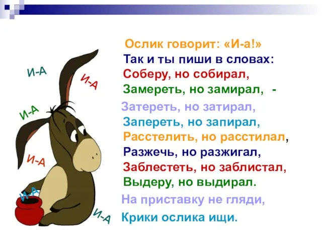 Ослик говорит: «И-а!» Так и ты пиши в словах: Соберу, но собирал,