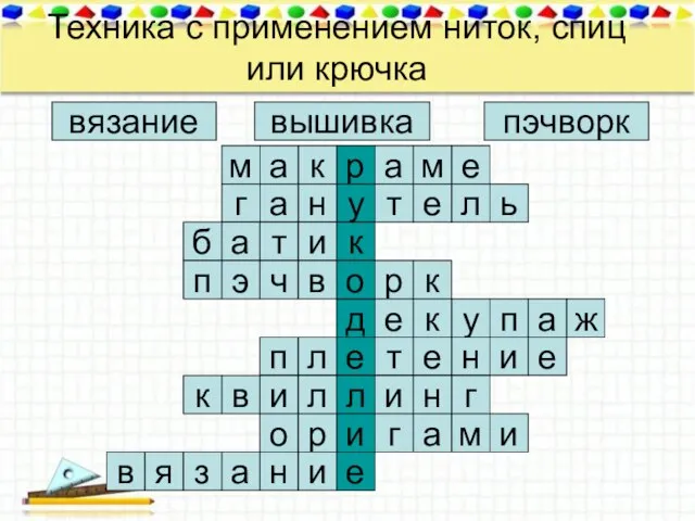 Техника с применением ниток, спиц или крючка вышивка вязание пэчворк е м