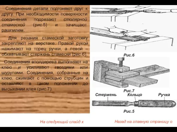 Соединения детали подгоняют друг к другу. При необходимости поверхности соединения подрезают столярной