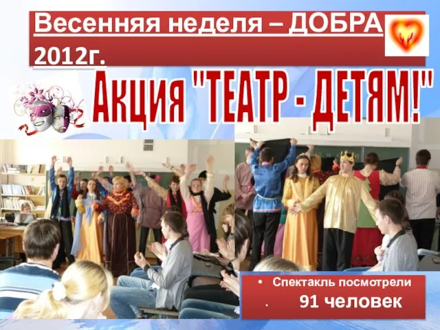 Весенняя неделя – ДОБРА 2012г. Спектакль посмотрели 91 человек Акция "ТЕАТР - ДЕТЯМ!"