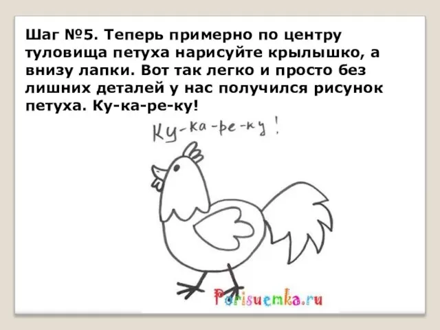 Шаг №5. Теперь примерно по центру туловища петуха нарисуйте крылышко, а внизу