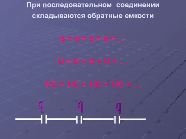 При последовательном соединении складываются обратные емкости q = q = q =