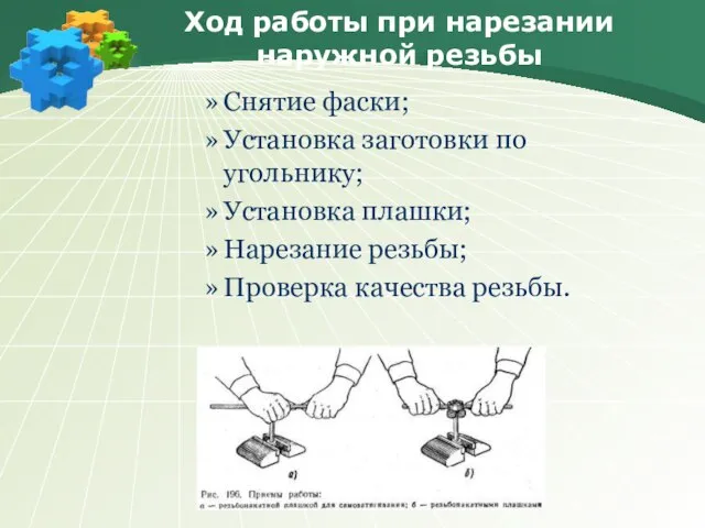 Ход работы при нарезании наружной резьбы Снятие фаски; Установка заготовки по угольнику;