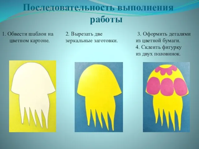 Последовательность выполнения работы 1. Обвести шаблон на цветном картоне. 2. Вырезать две