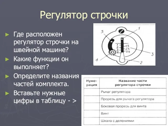 Регулятор строчки Где расположен регулятор строчки на швейной машине? Какие функции он