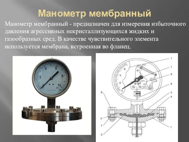 Манометр мембранный Манометр мембранный - предназначен для измерения избыточного давления агрессивных некристаллизующихся