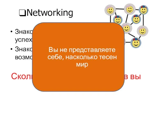 Знакомства – не гарантия успеха Знакомства – это возможности Сколько полезных знакомств