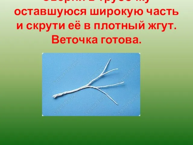 Сверни в трубочку оставшуюся широкую часть и скрути её в плотный жгут. Веточка готова.