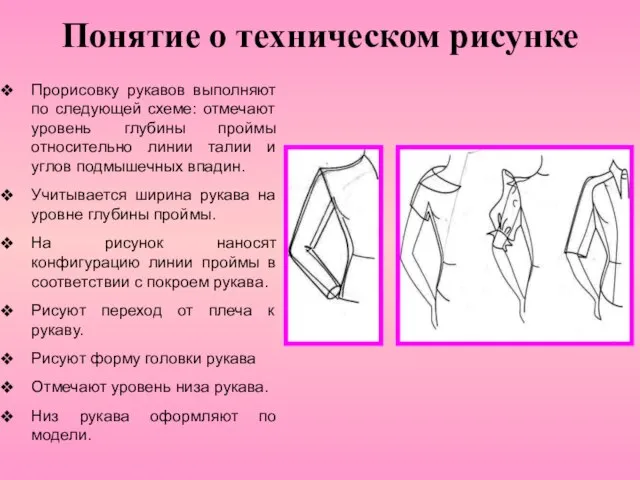 Понятие о техническом рисунке Прорисовку рукавов выполняют по следующей схеме: отмечают уровень