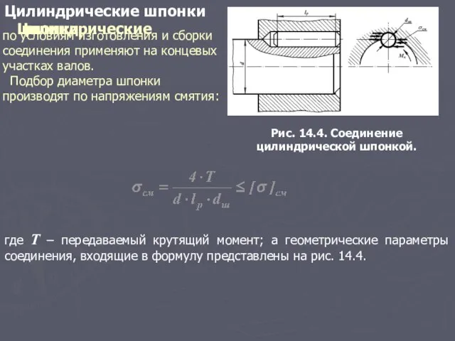 Цилиндрические шпонки Рис. 14.4. Соединение цилиндрической шпонкой. где T – передаваемый крутящий