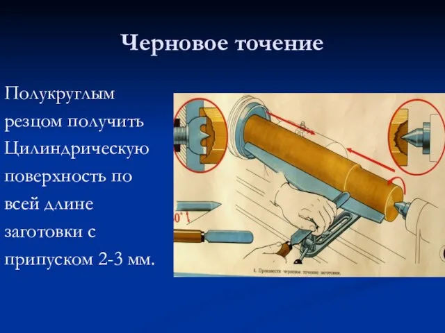 Черновое точение Полукруглым резцом получить Цилиндрическую поверхность по всей длине заготовки с припуском 2-3 мм.