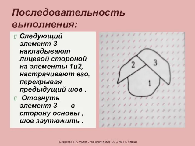 Следующий элемент 3 накладывают лицевой стороной на элементы 1и2,настрачивают его, перекрывая предыдущий