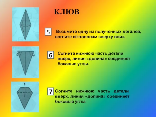 КЛЮВ Возьмите одну из полученных деталей, согните её пополам сверху вниз. Согните