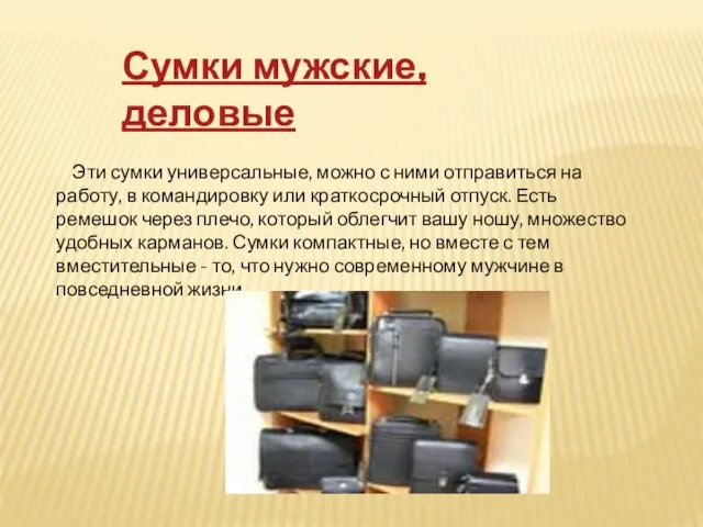 Эти сумки универсальные, можно с ними отправиться на работу, в командировку или