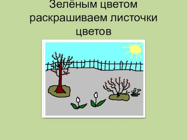 Зелёным цветом раскрашиваем листочки цветов