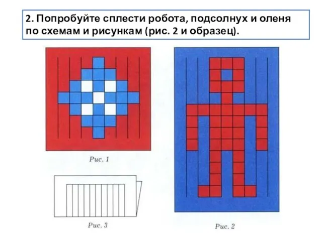 2. Попробуйте сплести робота, подсолнух и оленя по схемам и рисункам (рис. 2 и образец).