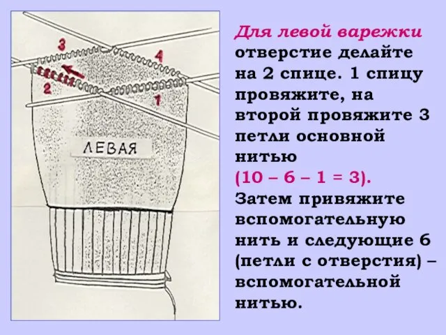 Для левой варежки отверстие делайте на 2 спице. 1 спицу провяжите, на