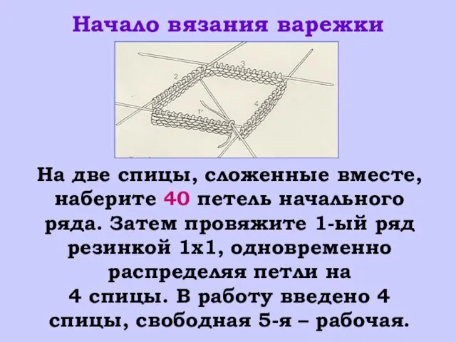 Начало вязания варежки На две спицы, сложенные вместе, наберите 40 петель начального