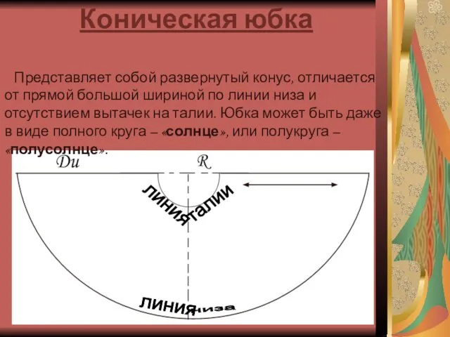 Коническая юбка линия линия талии низа Представляет собой развернутый конус, отличается от