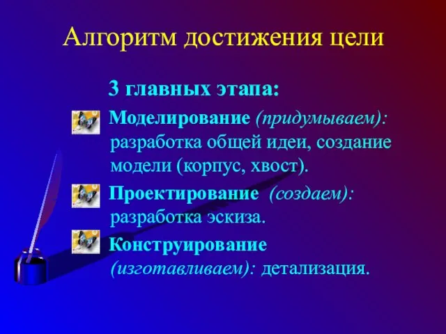 Алгоритм достижения цели 3 главных этапа: Моделирование (придумываем): разработка общей идеи, создание