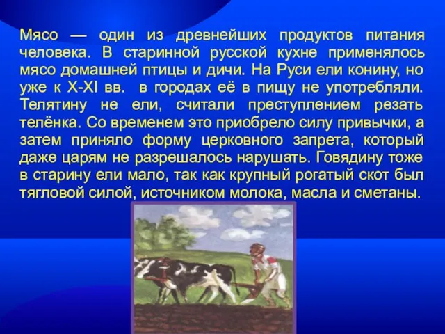 Мясо — один из древнейших продуктов питания человека. В старинной русской кухне