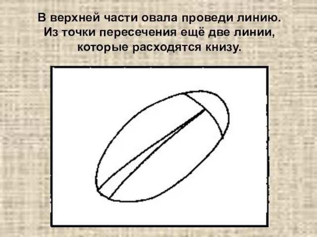 В верхней части овала проведи линию. Из точки пересечения ещё две линии, которые расходятся книзу.