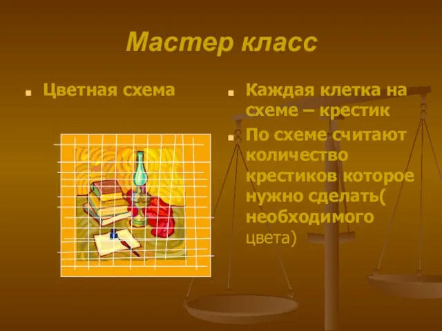 Мастер класс Цветная схема Каждая клетка на схеме – крестик По схеме