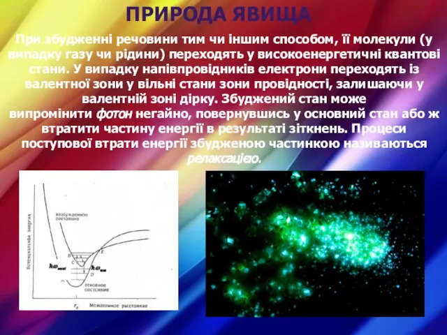 Природа явища При збудженні речовини тим чи іншим способом, її молекули (у