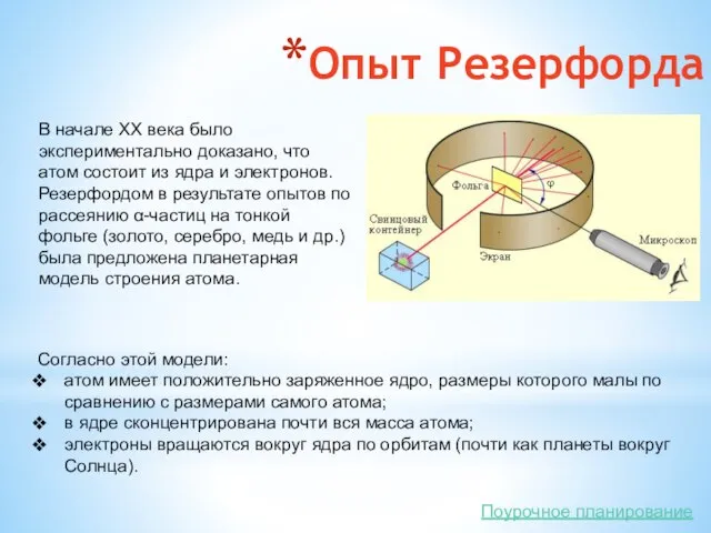 Опыт Резерфорда В начале XX века было экспериментально доказано, что атом состоит