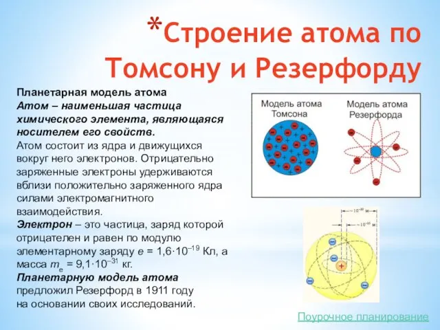 Строение атома по Томсону и Резерфорду Планетарная модель атома Атом – наименьшая