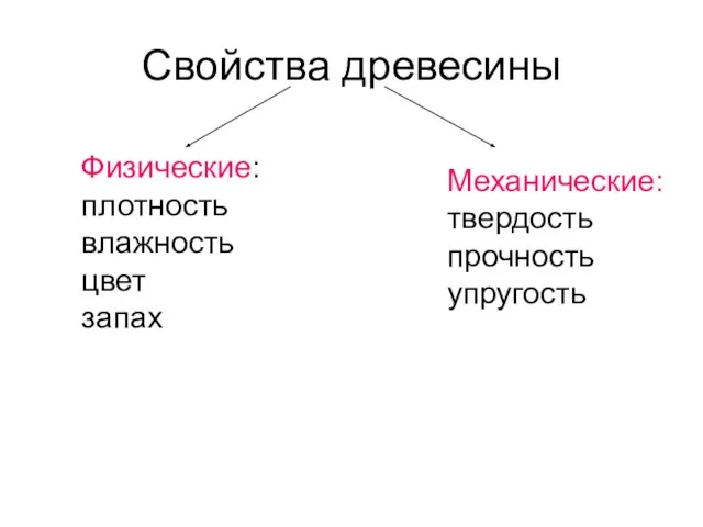 Свойства древесины Физические: плотность влажность цвет запах Механические: твердость прочность упругость