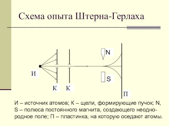 Схема опыта Штерна-Герлаха И – источник атомов; К – щели, формирующие пучок;