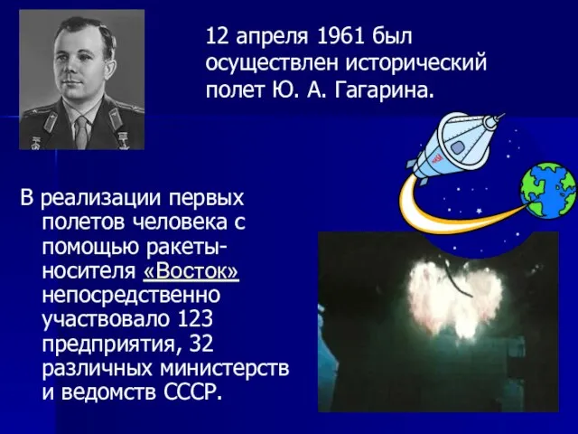 12 апреля 1961 был осуществлен исторический полет Ю. А. Гагарина. В реализации