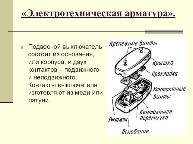 «Электротехническая арматура». Подвесной выключатель состоит из основания, или корпуса, и двух контактов