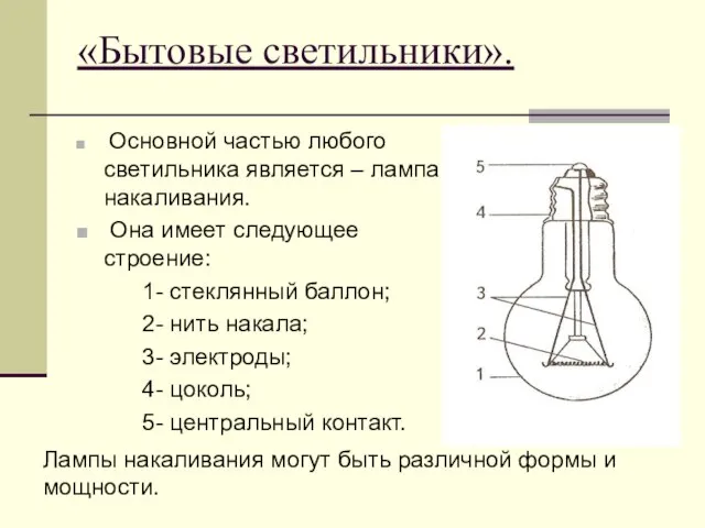 «Бытовые светильники». Основной частью любого светильника является – лампа накаливания. Она имеет