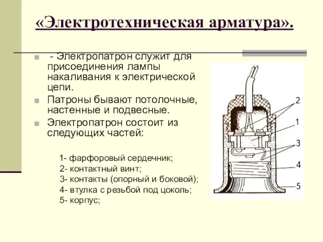 «Электротехническая арматура». - Электропатрон служит для присоединения лампы накаливания к электрической цепи.