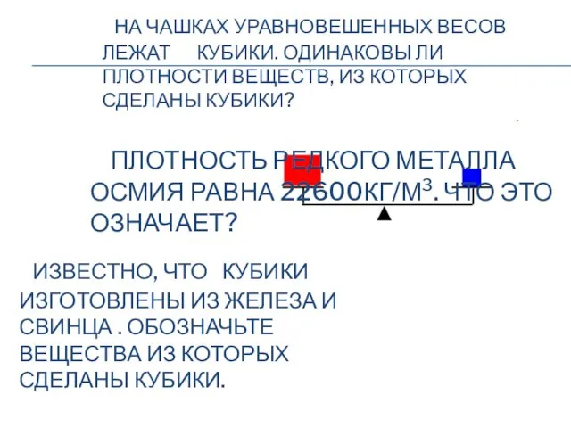 НА ЧАШКАХ УРАВНОВЕШЕННЫХ ВЕСОВ ЛЕЖАТ КУБИКИ. ОДИНАКОВЫ ЛИ ПЛОТНОСТИ ВЕЩЕСТВ, ИЗ КОТОРЫХ