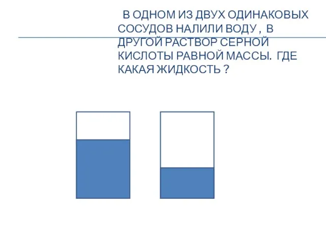 В ОДНОМ ИЗ ДВУХ ОДИНАКОВЫХ СОСУДОВ НАЛИЛИ ВОДУ , В ДРУГОЙ РАСТВОР