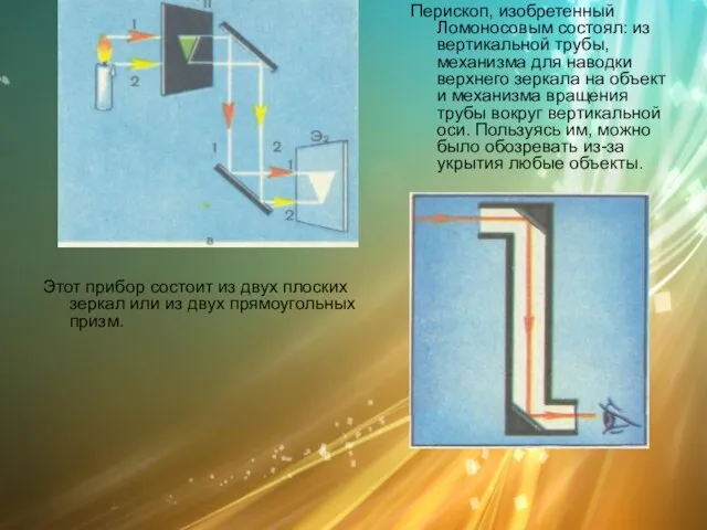 Перископ Перископ, изобретенный Ломоносовым состоял: из вертикальной трубы, механизма для наводки верхнего