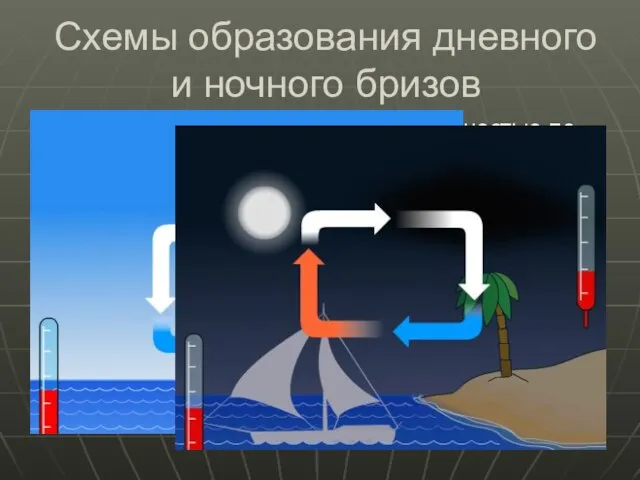 Схемы образования дневного и ночного бризов Бризы - ветры с суточной периодичностью