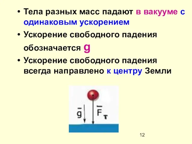 Тела разных масс падают в вакууме с одинаковым ускорением Ускорение свободного падения