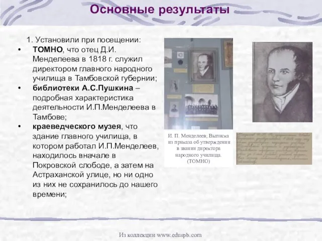 Основные результаты 1. Установили при посещении: ТОМНО, что отец Д.И.Менделеева в 1818