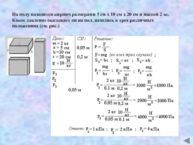 На полу находится кирпич размерами 5 см х 10 см х 20