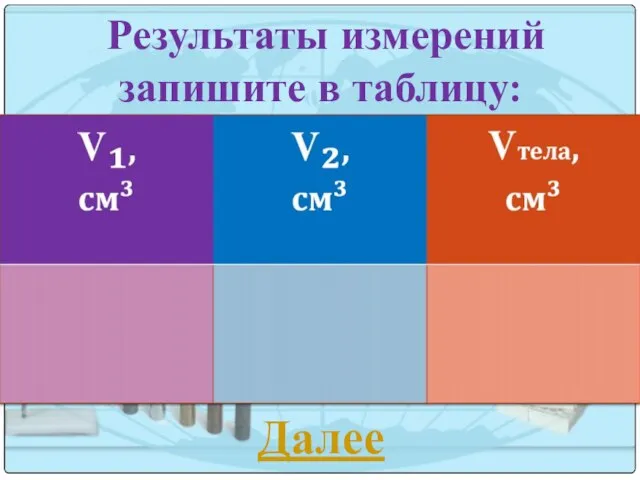 Результаты измерений запишите в таблицу: Далее