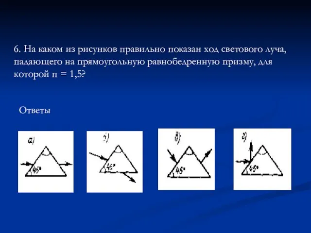 Ответы 6. На каком из рисунков правильно показан ход светового луча, падающего