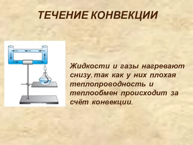 Жидкости и газы нагревают снизу, так как у них плохая теплопроводность и