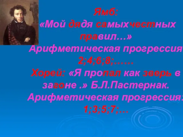 Ямб: «Мой дядя самыхчестных правил…» Арифметическая прогрессия: 2;4;6;8;…… Хорей: «Я пропал как