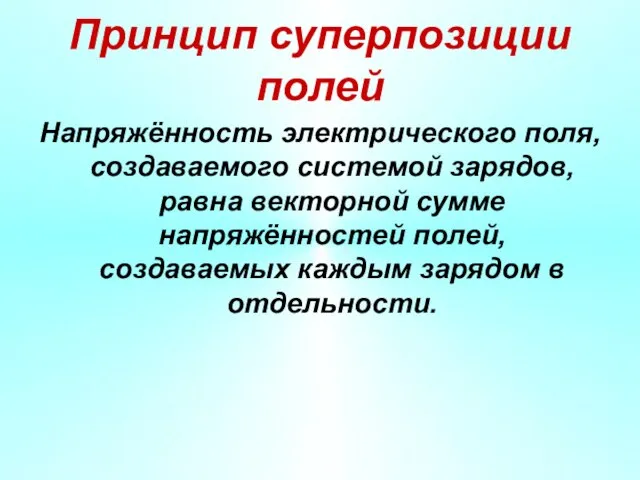 Принцип суперпозиции полей Напряжённость электрического поля, создаваемого системой зарядов, равна векторной сумме